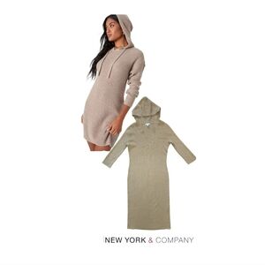 New York & Company Women's Beige Long Sleeve Hooded Sweater Dress
